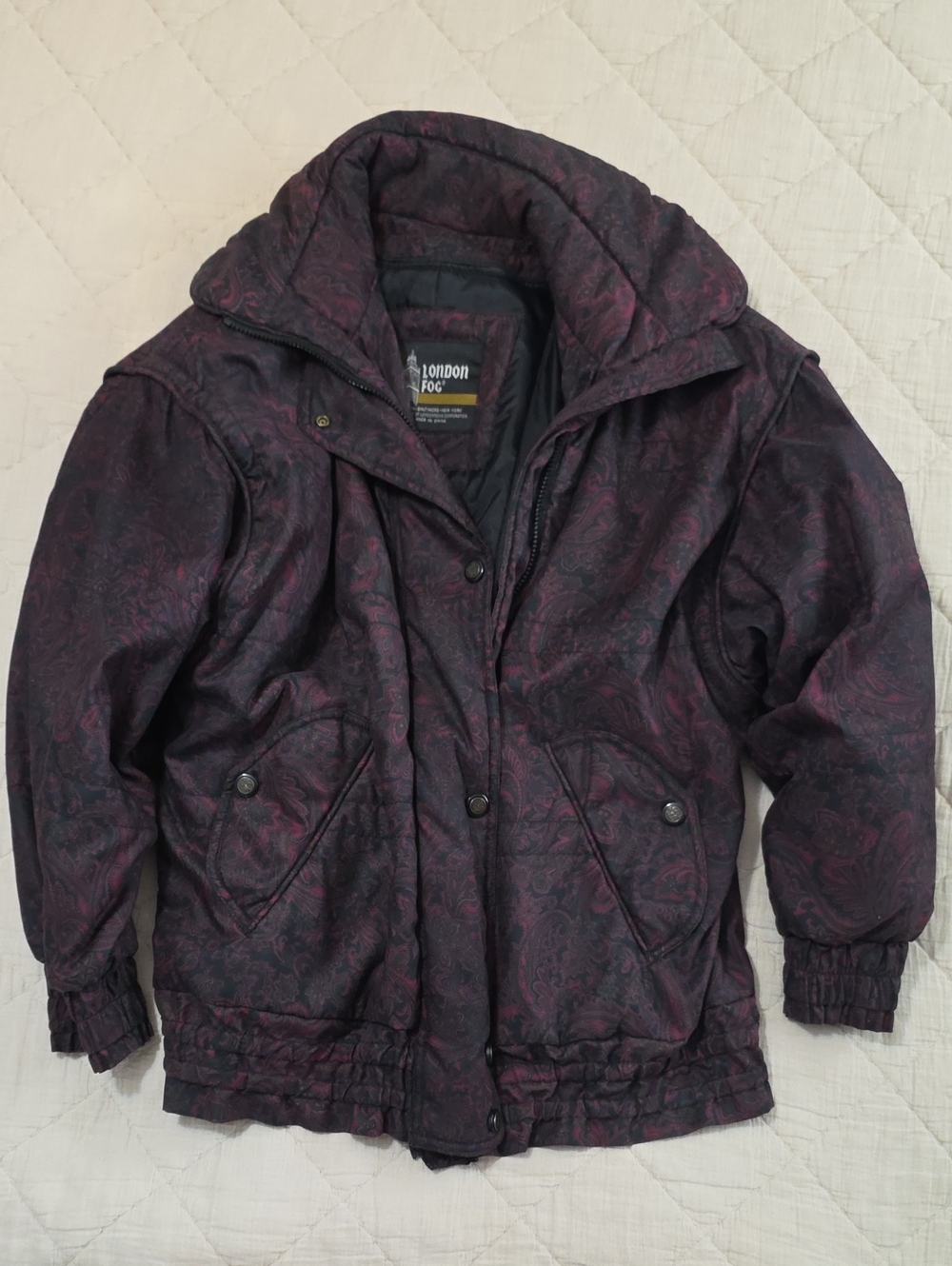 London Fog Womens Plum Paisley Quilted Puffer Jacket